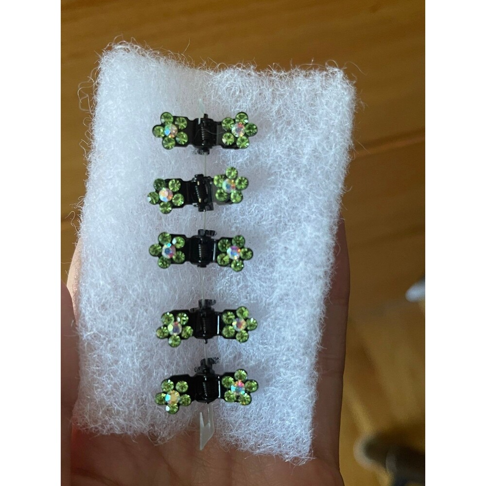 Five Green Rhinstone Flower Hair Clips - Metal - New